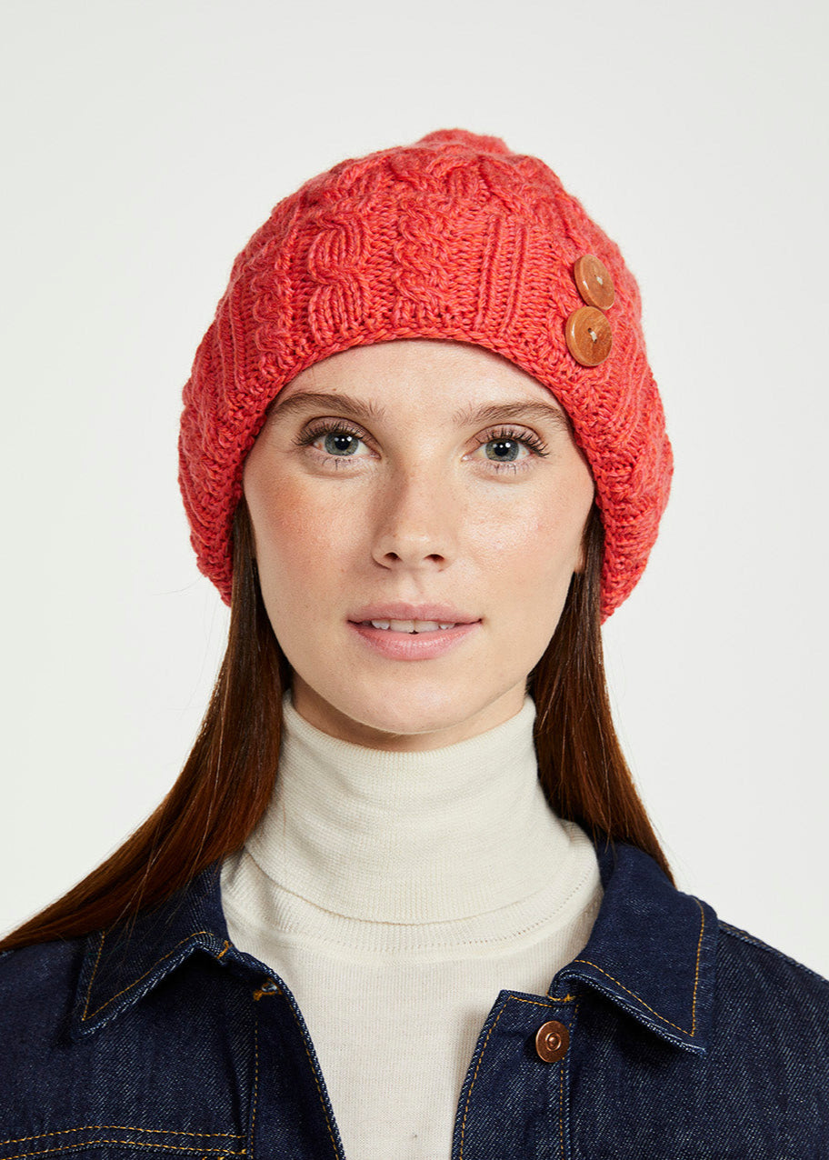 Aran Supersoft Merino Button Hat | Coral