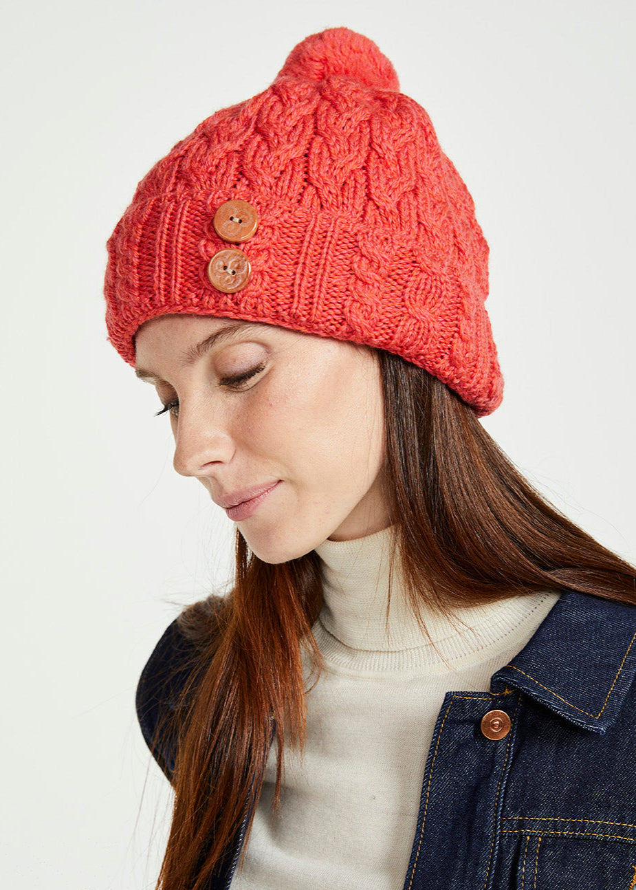 Aran Supersoft Merino Button Hat | Coral