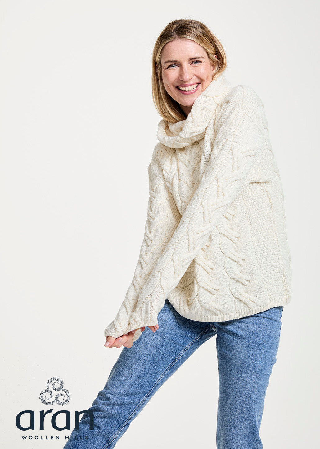 Women's Irish Aran Cowl Neck Sweater | Chunky Cable Knit Merino Wool