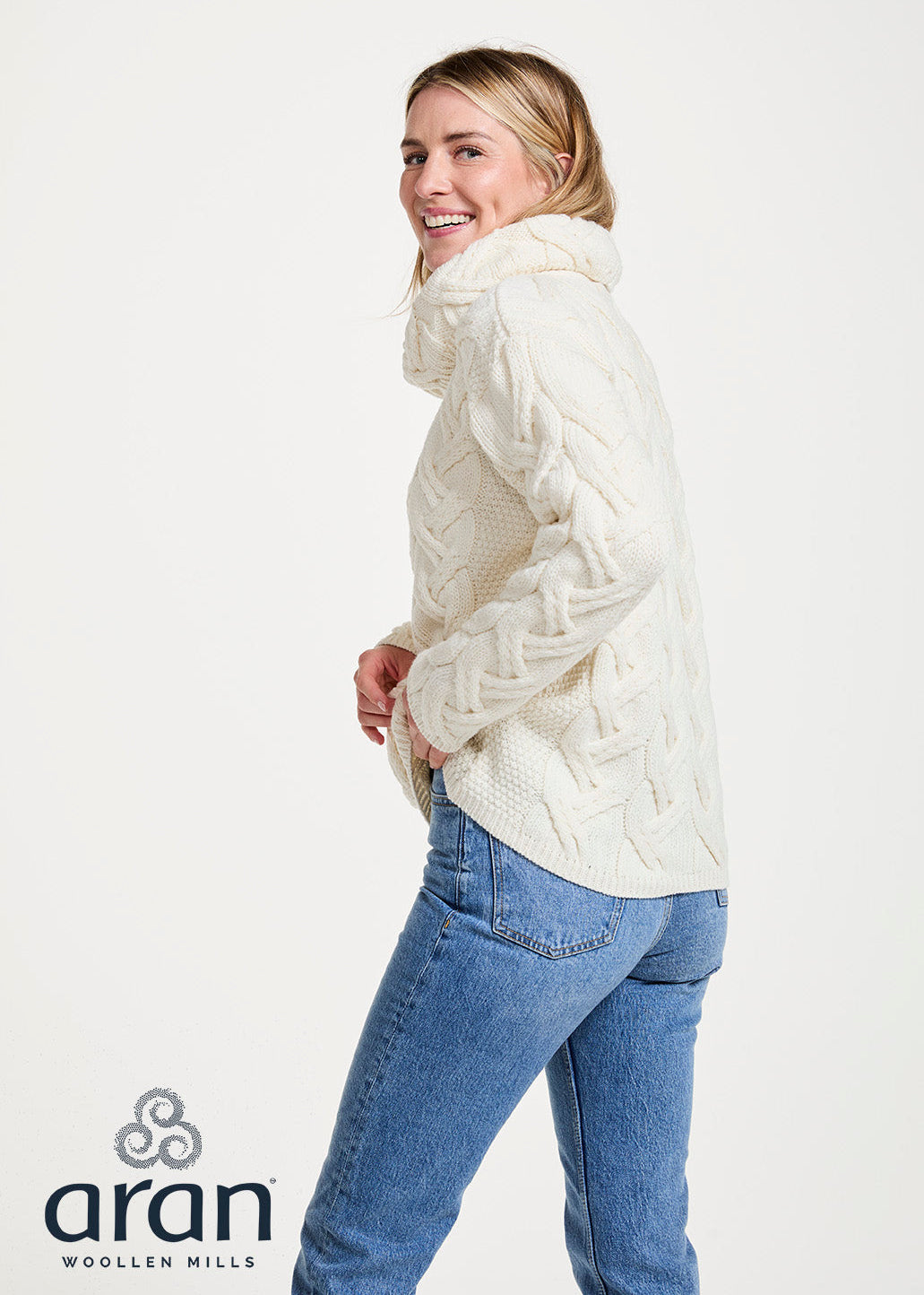Women's Irish Aran Cowl Neck Sweater | Chunky Cable Knit Merino Wool