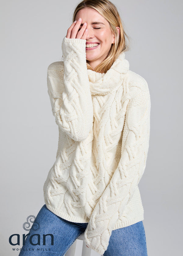 Women's Irish Aran Cowl Neck Sweater | Chunky Cable Knit Merino Wool