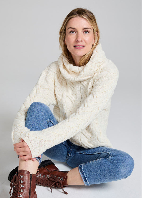 Women's Irish Aran Cowl Neck Sweater | Chunky Cable Knit Merino Wool