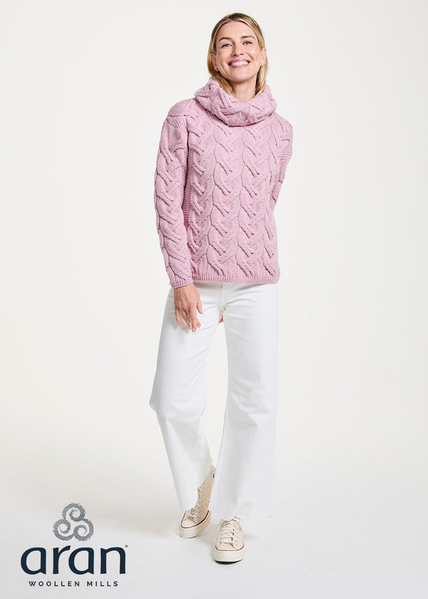 Women's Aran Cowl Neck Chunky Sweater | Pink
