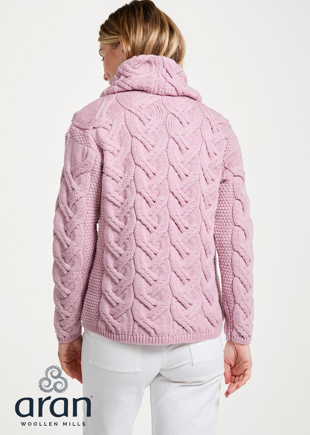 Women's Aran Cowl Neck Chunky Sweater | Pink