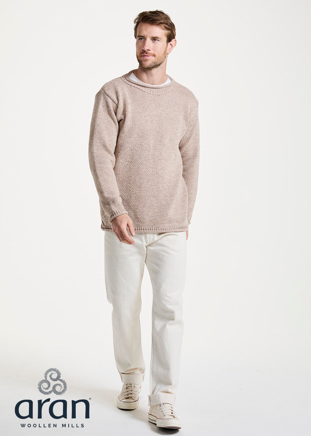 Roll Neck Mens Merino Sweater - Oat