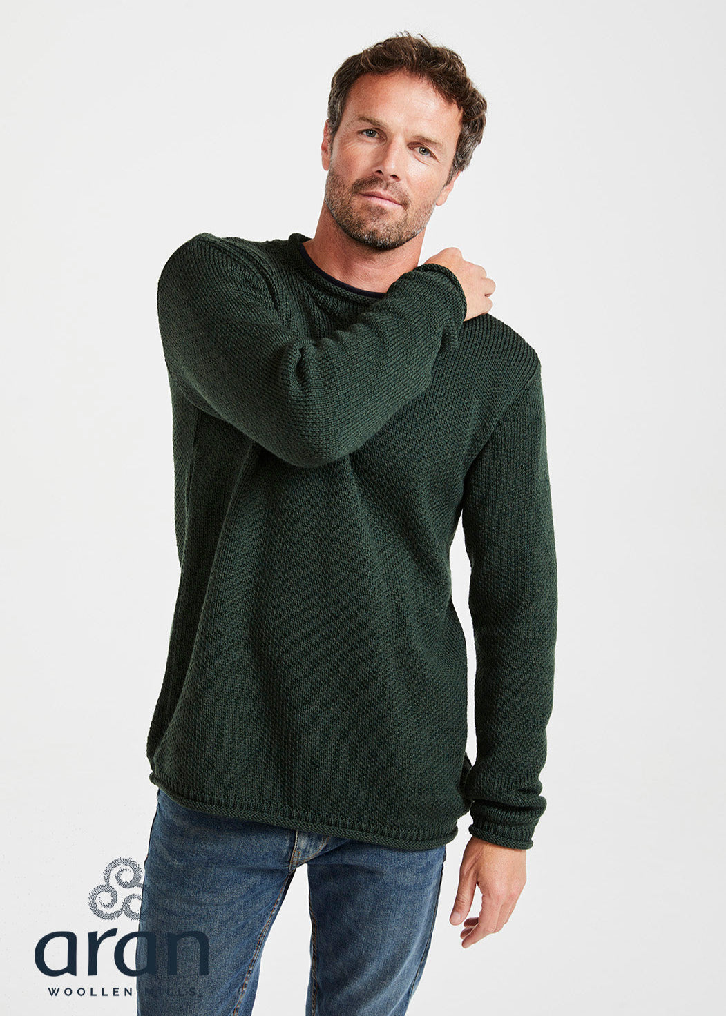 Aran Roll Neck Sweater | Green