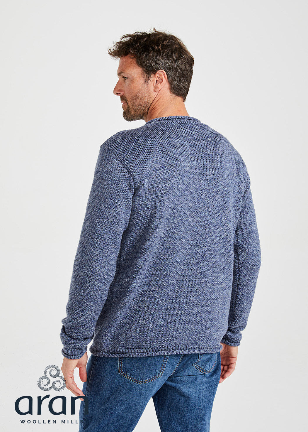 Men's Aran Roll Neck Sweater - Denim | 100% Merino Wool