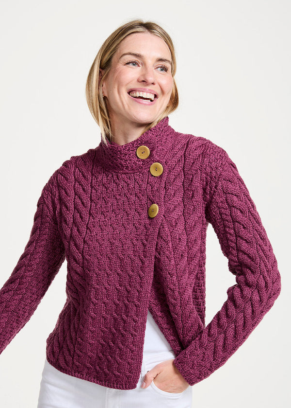 Aran 3 Buttons Trellis Cardigan | Raspberry