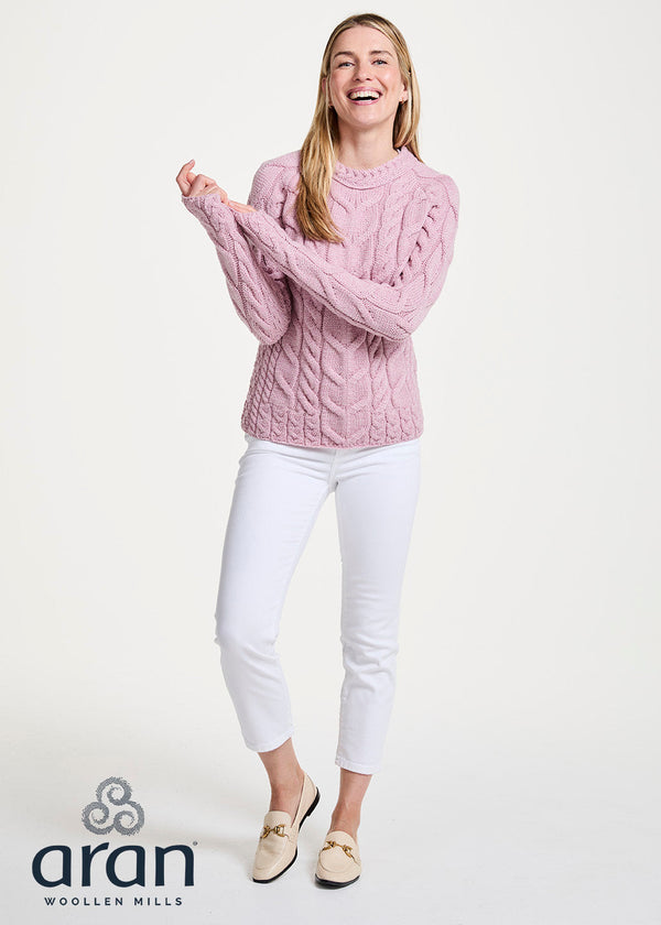 Listowel Ladies Aran Cabled Sweater | Pink