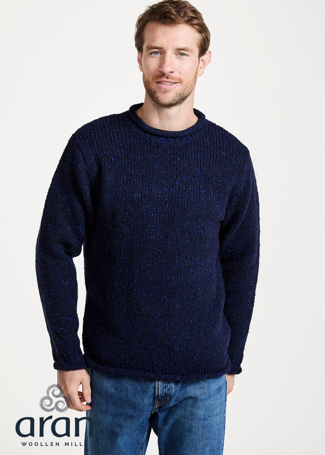 Men's Raheen Tweed Roll Neck Sweater - Navy Fleck | 100% Pure New Wool