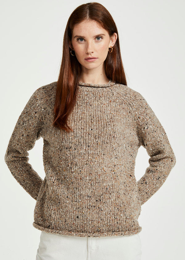 Ladies Donegal Roll Neck Sweater - Oat | 100% Wool Knitwear
