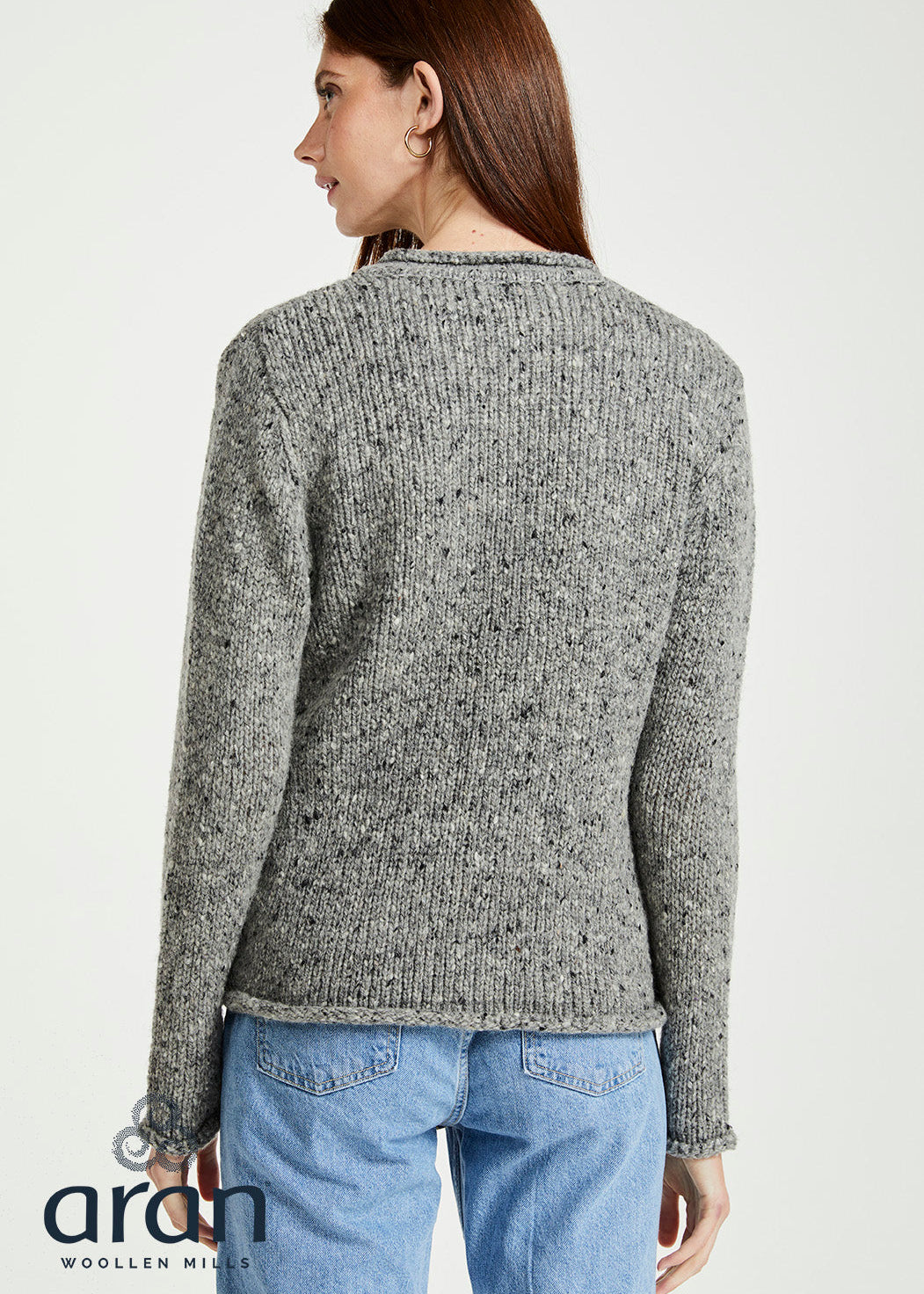 Ladies Donegal Wool Cardigan | Silver Fleck Cable Knit | Aran Woollen Mills