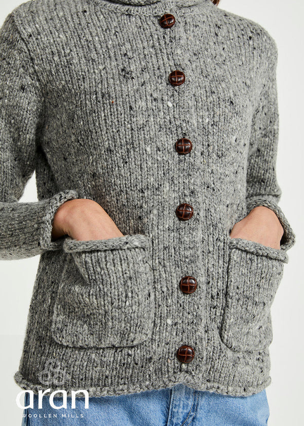Ladies Donegal Wool Cardigan | Silver Fleck Cable Knit | Aran Woollen Mills
