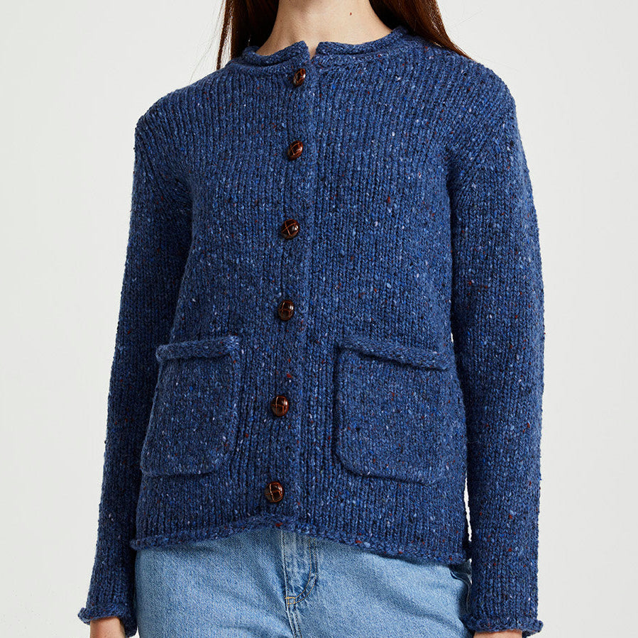 Ladies Donegal Wool Cardigan | Blue Fleck Cable Knit | Aran Woollen Mills