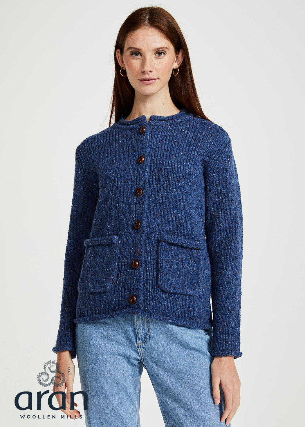 Ladies Donegal Wool Cardigan | Blue Fleck Cable Knit | Aran Woollen Mills