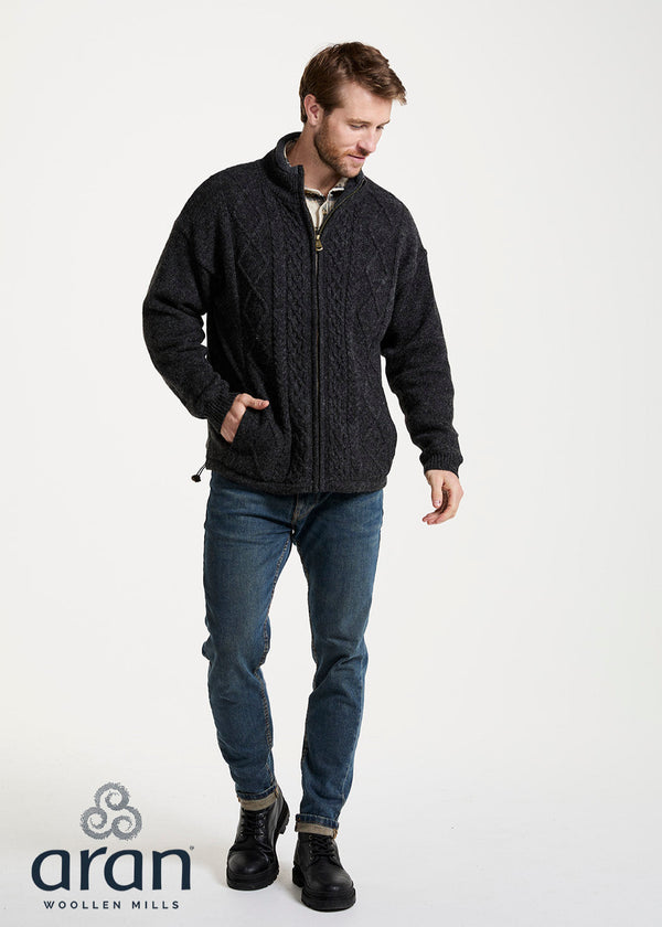 Mens Lined Wool Aran Cardigan