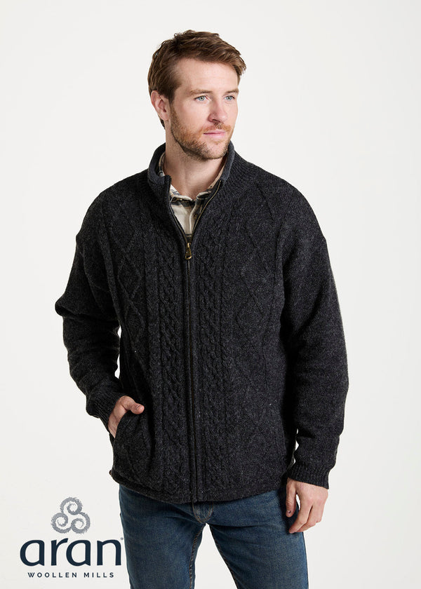 Mens Lined Wool Aran Cardigan