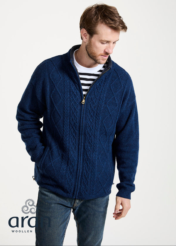 Mens Lined Wool Aran Cardigan | Blue