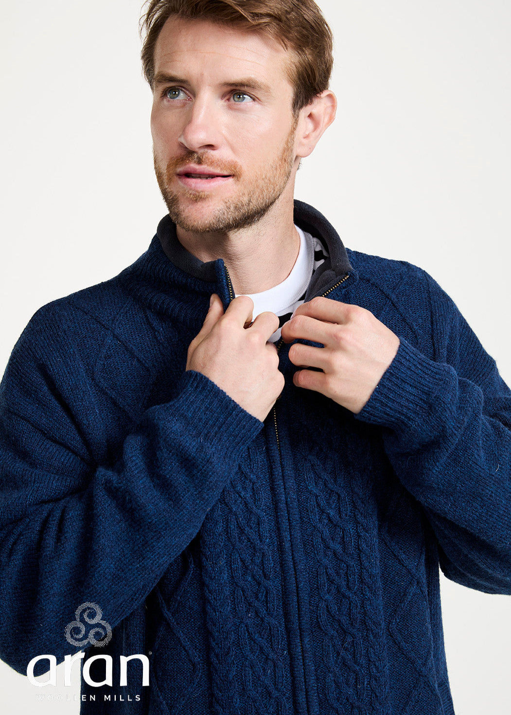 Mens Lined Wool Aran Cardigan | Blue