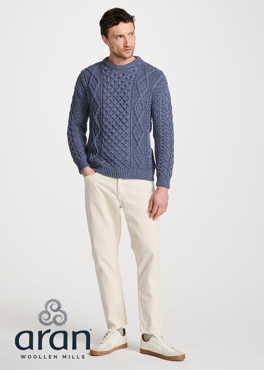 Aran Worsted Wool Sweater - Traditional Irish Cable Knit | Denim Blue