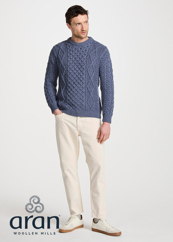 Aran Worsted Wool Sweater - Traditional Irish Cable Knit | Denim Blue