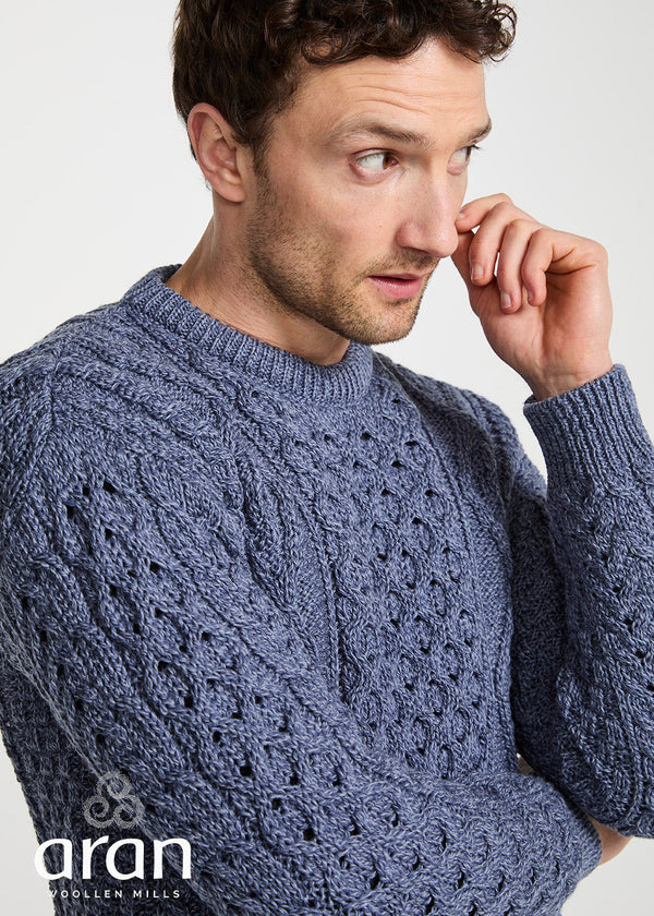 Aran Worsted Wool Sweater - Traditional Irish Cable Knit | Denim Blue