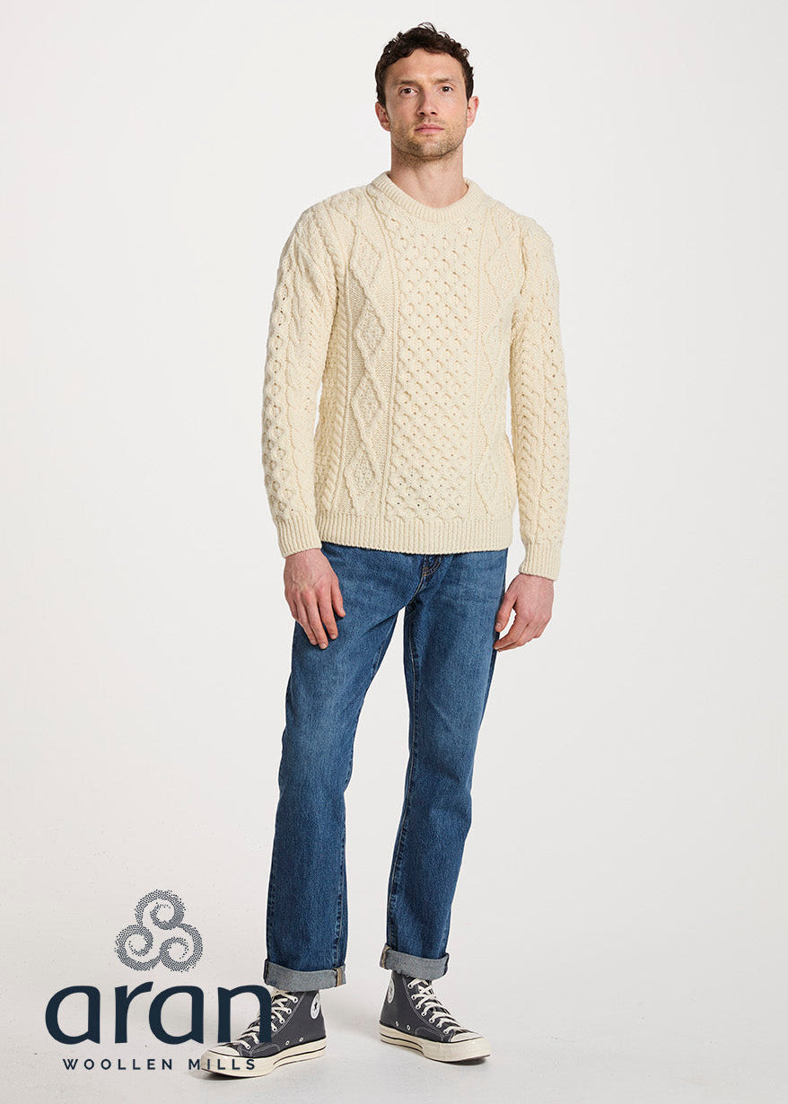Aran Worsted Wool Sweater | Men's Traditional Irish Cable Knit | Natural