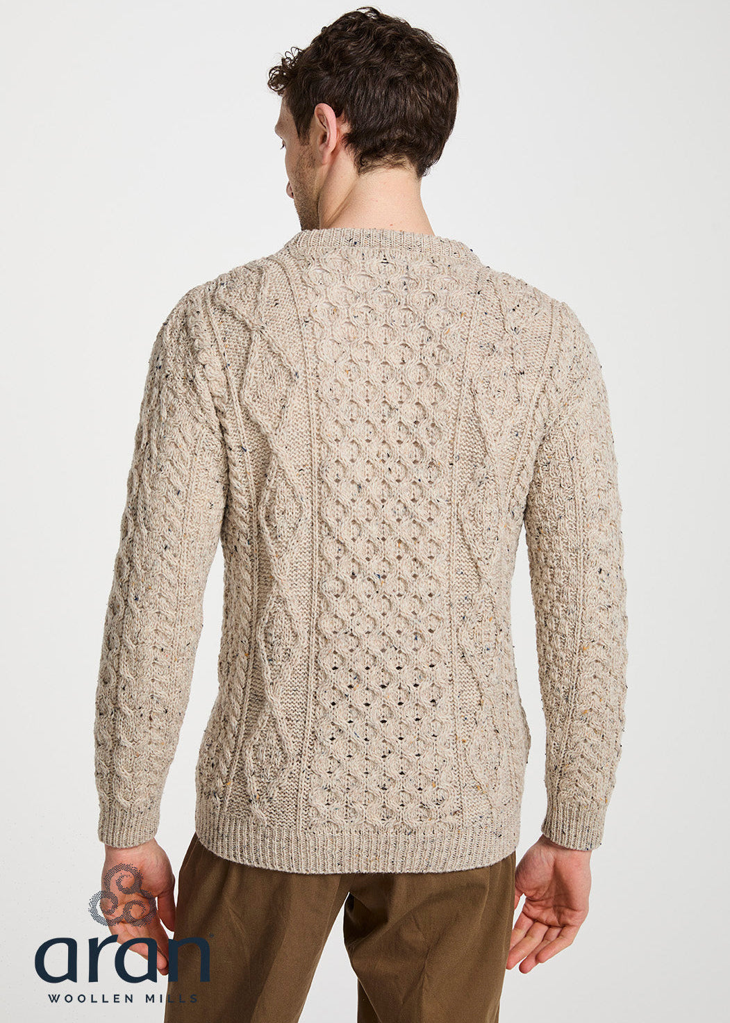 Aran Wool Sweater | Traditional Irish Cable Knit | Flecked Oatmeal