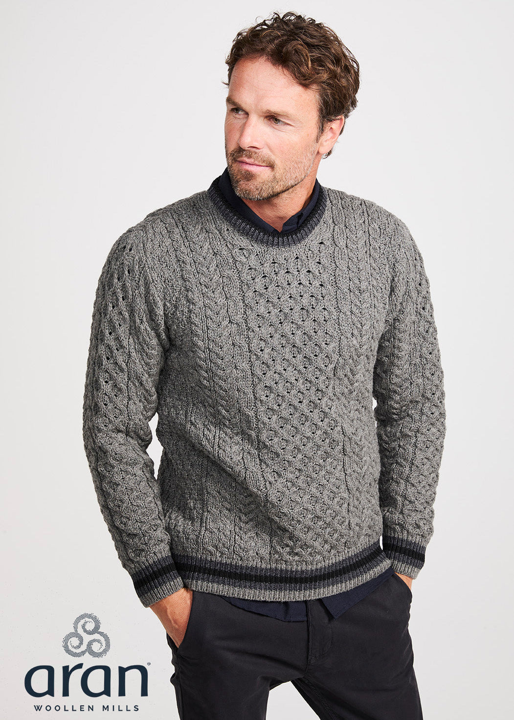 Mens Stripe Crewneck Merino Aran Sweater | Grey Charcoal