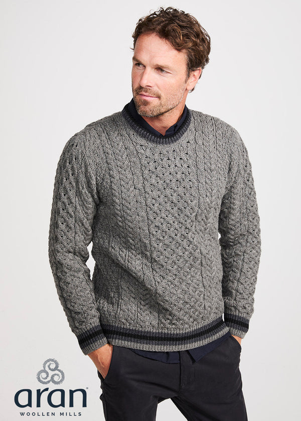 Mens Stripe Crewneck Merino Aran Sweater | Grey Charcoal