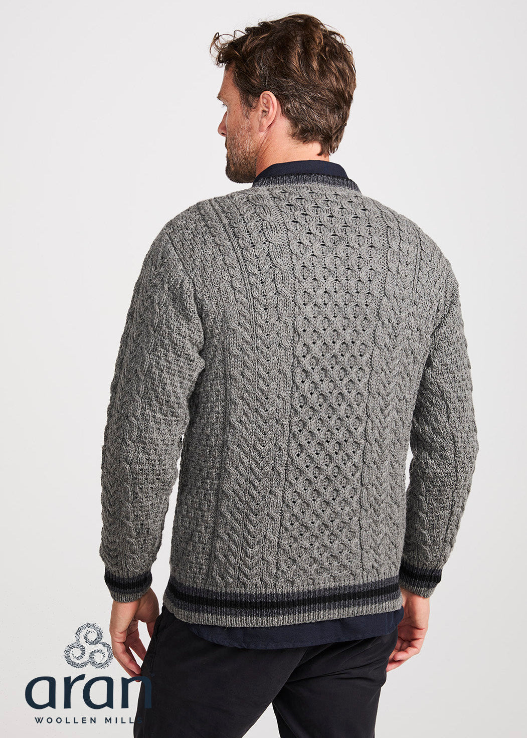 Mens Stripe Crewneck Merino Aran Sweater | Grey Charcoal
