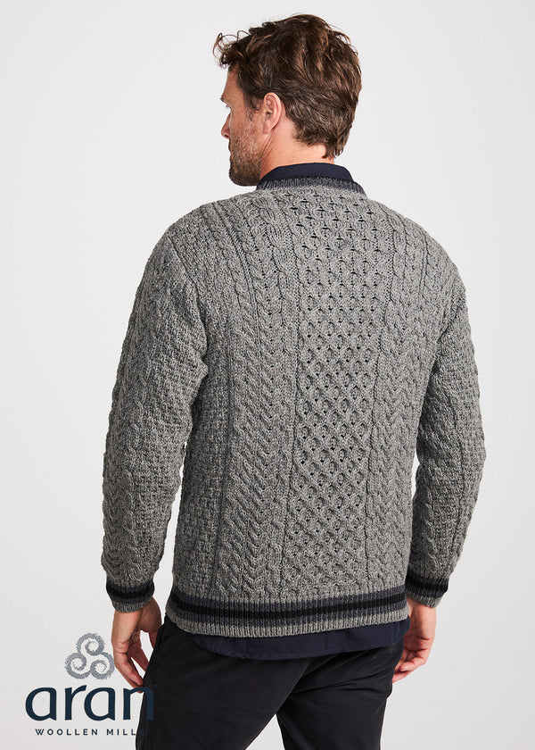 Mens Stripe Crewneck Merino Aran Sweater | Grey Charcoal
