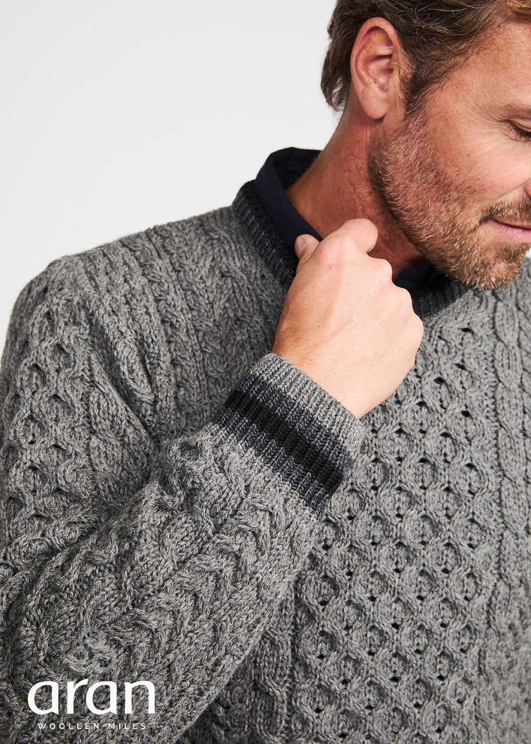 Mens Stripe Crewneck Merino Aran Sweater | Grey Charcoal