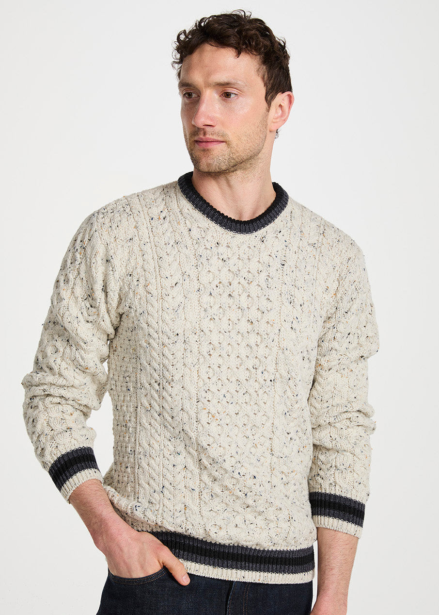Inishbeg Mens Stripe Crewneck Merino Sweater | Oatmeal Charcoal