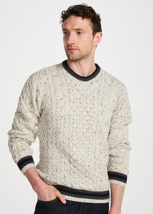 Inishbeg Mens Stripe Crewneck Merino Sweater | Oatmeal Charcoal