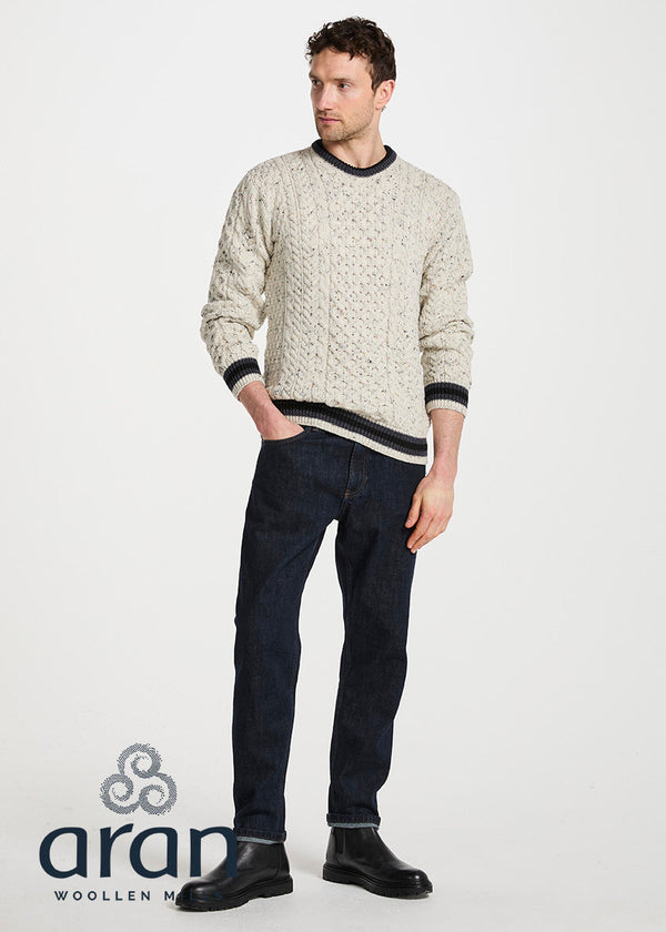 Inishbeg Mens Stripe Crewneck Merino Sweater | Oatmeal Charcoal