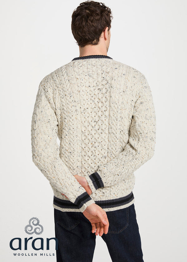 Inishbeg Mens Stripe Crewneck Merino Sweater | Oatmeal Charcoal
