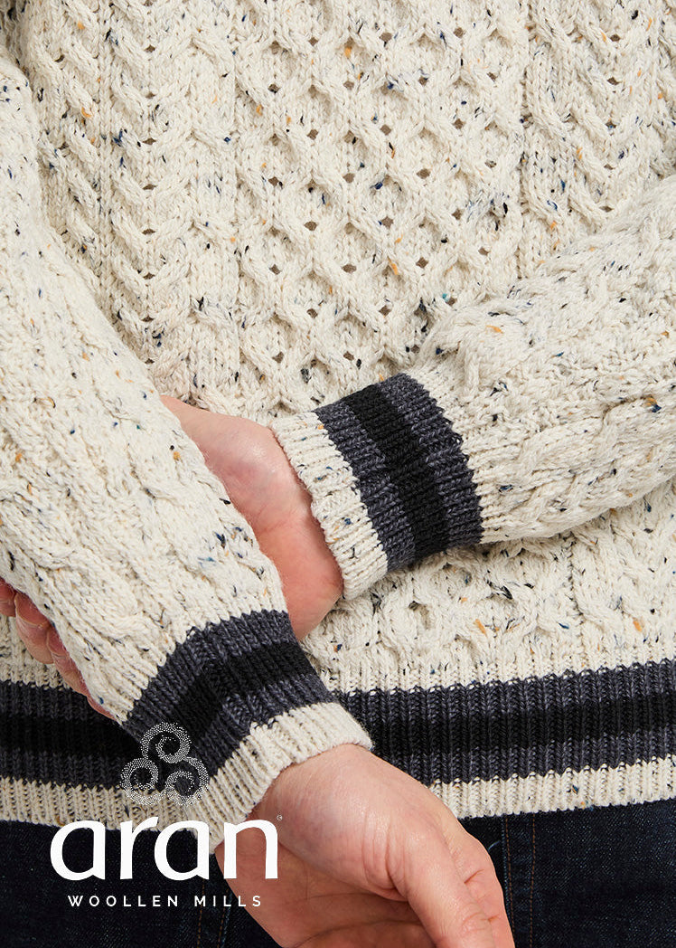 Inishbeg Mens Stripe Crewneck Merino Sweater | Oatmeal Charcoal