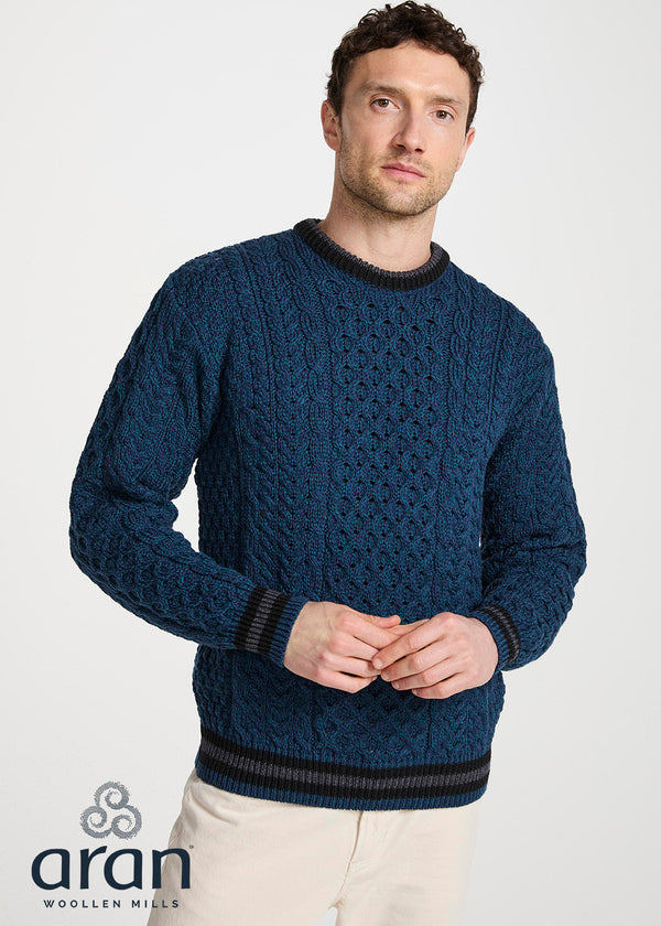 Mens Stripe Crewneck Merino Aran Sweater | Teal