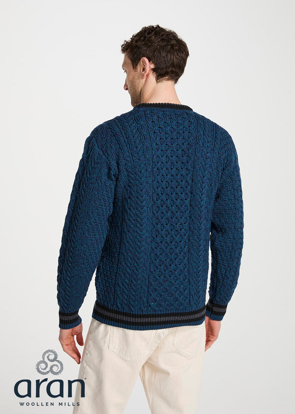 Mens Stripe Crewneck Merino Aran Sweater | Teal
