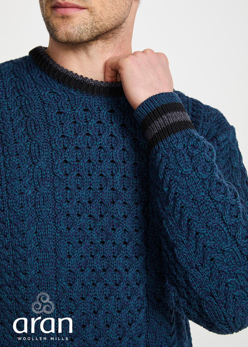 Mens Stripe Crewneck Merino Aran Sweater | Teal
