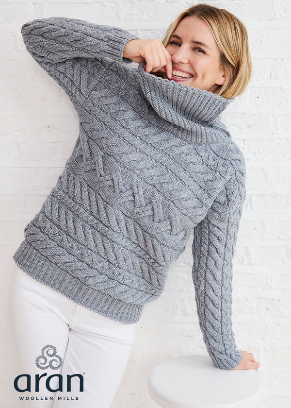 Women's Aran Cowl Neck Sweater | Ocean Grey