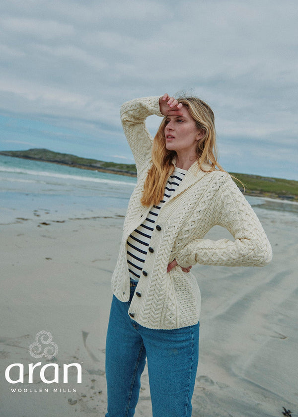 Shawl Collar Aran Cardigan | Natural