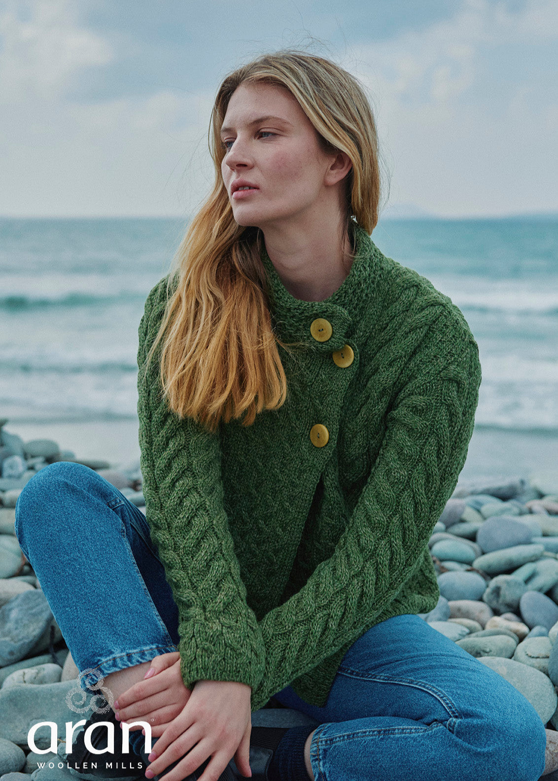 Aran 3 Buttons Trellis Cardigan | Green