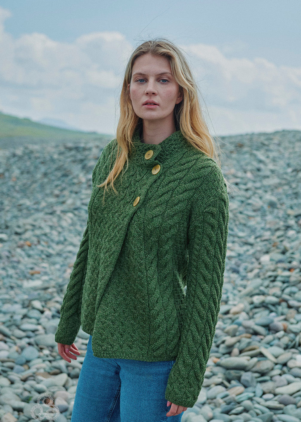 Aran 3 Buttons Trellis Cardigan | Green