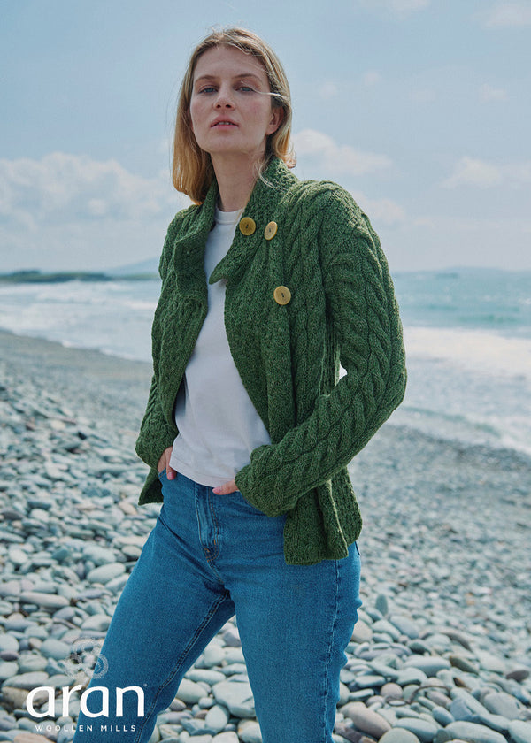 Aran 3 Buttons Trellis Cardigan | Green