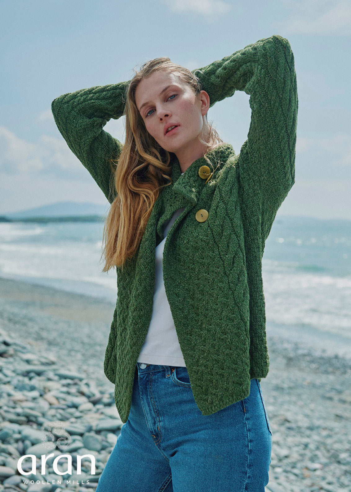 Aran 3 Buttons Trellis Cardigan | Green