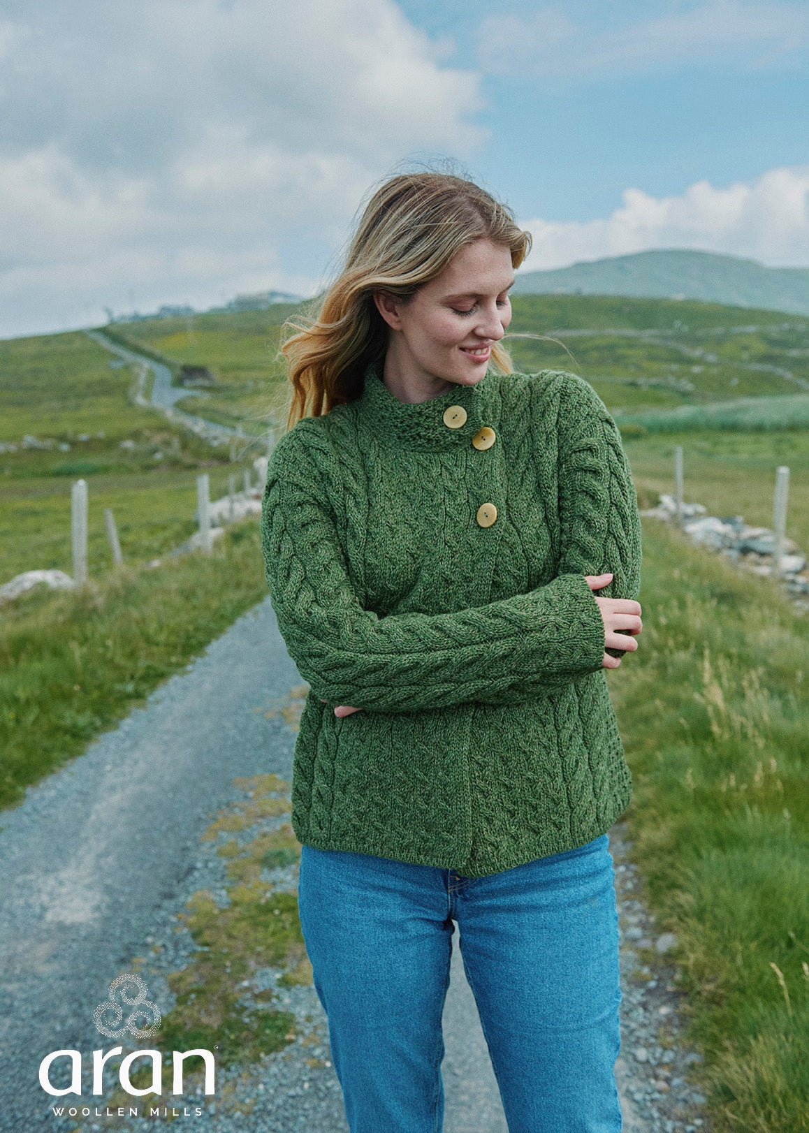 Aran 3 Buttons Trellis Cardigan | Green