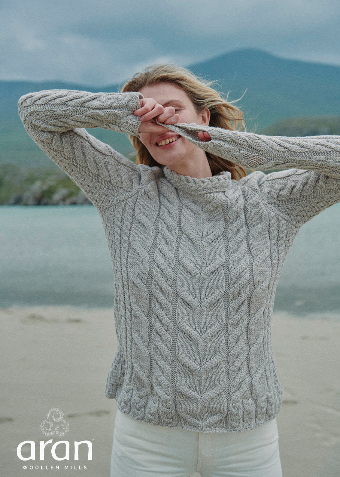 Listowel Ladies Aran Cabled Sweater | Oatmeal