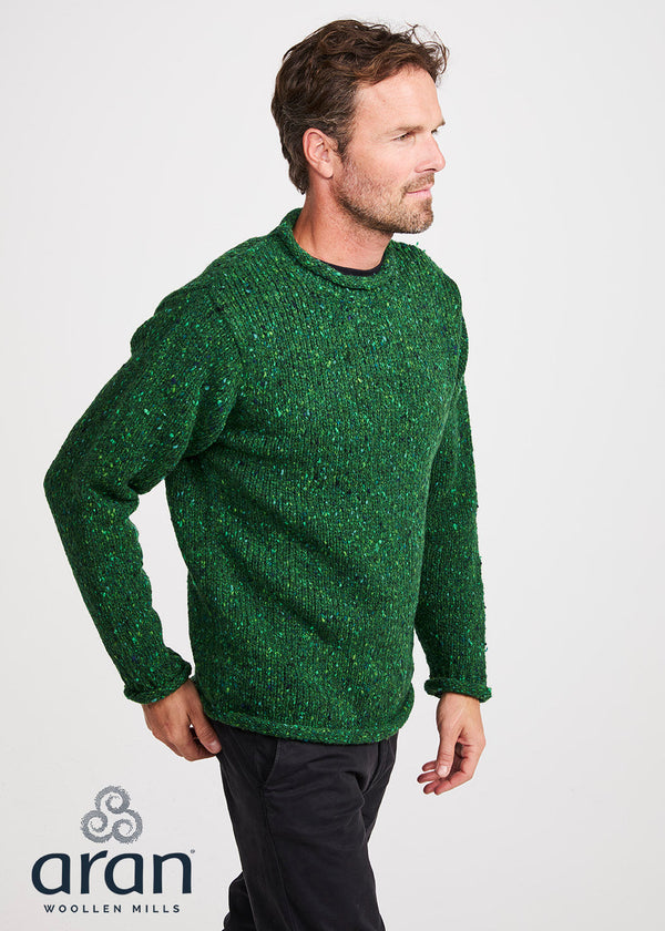 Donegal Roll Neck Fisherman Sweater - Green Fleck | 100% Wool